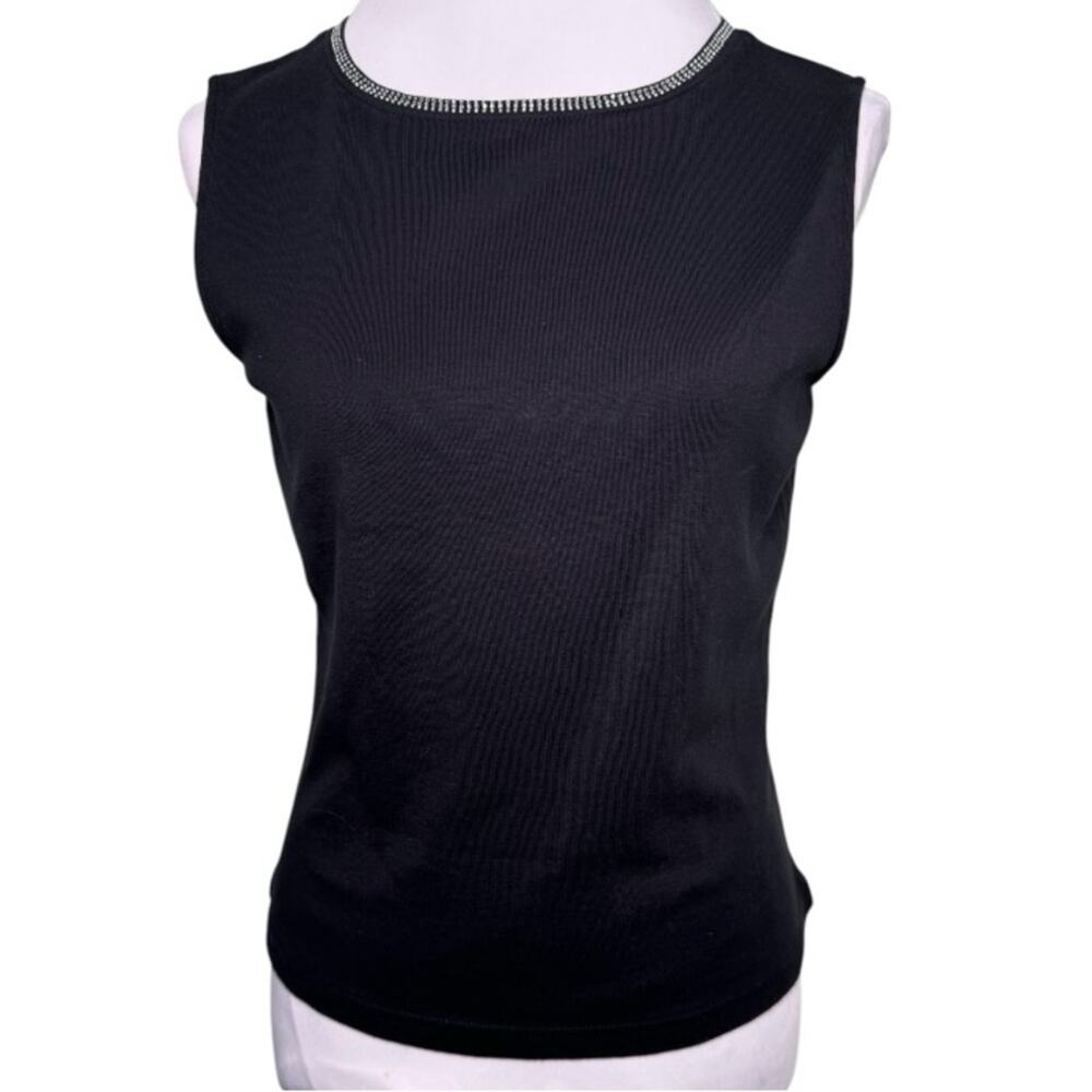 Talbots Black Rhinestone Neckline Trim Detail Sleeveless Cotton Size P/M